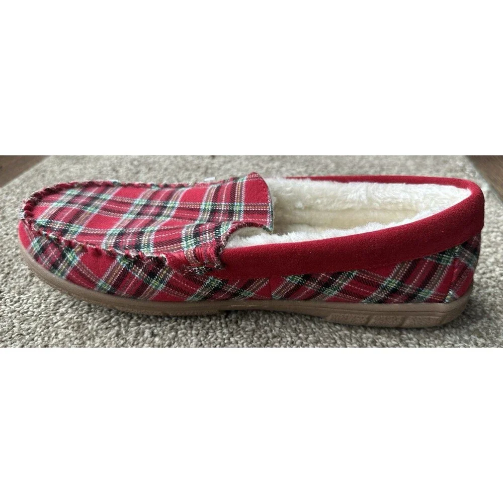 Lands’ End Red Plaid Faux Fur Lined Moccasin Slippers Men’s Size 10